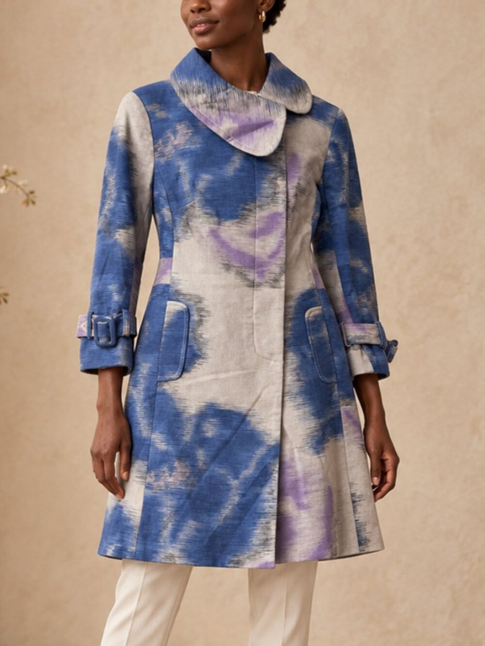 Anthropologie Cotton Light Gray Blue Purple Abstract Coat Size 2